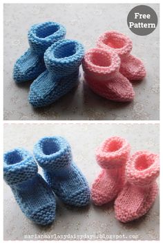 crocheted baby booties are shown in three different colors and sizes, one is pink, the other is blue