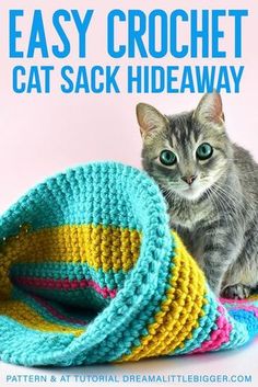 a cat is sitting next to a crocheted hat and blanket with the title easy crochet cat sack hideaway