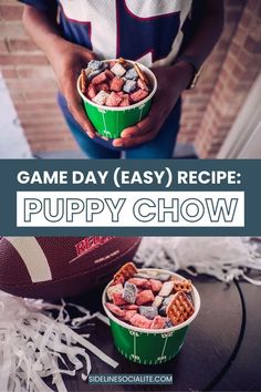 a football player holding a bowl of puppy chow with the words game day easy recipe