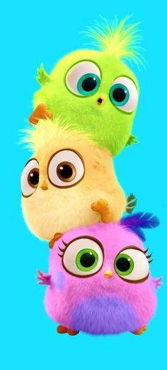 three cartoon birds with big eyes are standing in front of a blue background and one bird is