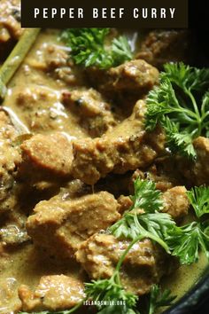 a bowl filled with meat and garnished with parsley on the side text reads how to make pepper beef curry