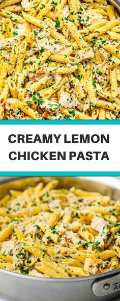 creamy lemon chicken pasta in a pan with parsley on top