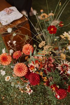 a bunch of flowers that are sitting in the grass next to a suitcase on the ground