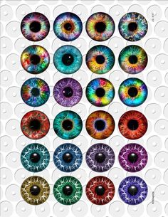 an assortment of colorful eyeballs on a white background