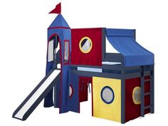 a children's play set with a slide and climbing tower in red, blue, yellow and grey