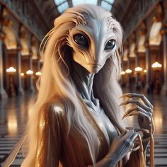 an alien like creature with long hair and big eyes holding a shopping bag in a building