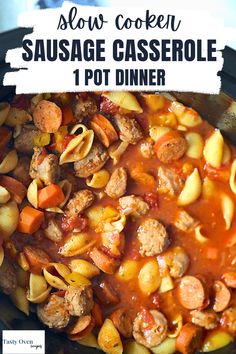 Slow cooker sausage casserole is a one pot meal perfect for a family dinner. Crockpot Recipes With Sausage, Crockpot Beef Recipes, Sausage Crockpot Recipes, Dump And Go Recipes, Crockpot Sausage, Slow Cooker Sausage, Sausage Crockpot, Slow Cooker Meatloaf, Sausage Stew