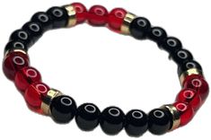 Casual Red Beaded Bracelets With Black Beads, Casual Red Wristband With Round Beads, Red Stretch Bracelet With Black Beads, Red Stretch Bracelet With Black Beads As A Gift, Casual Red Bracelets For Party, Red Bracelets With Black Round Beads, Casual Red Bracelets With 8mm Beads, Elegant Red And Black Beaded Bracelets, Red Bracelet With 8mm Round Beads