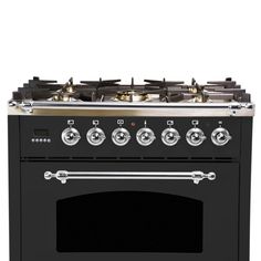 a black stove with four burners and two oven doors on the front, side by side