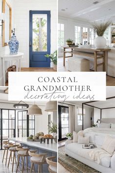 a collage of photos with the words coastal grandmother decorating ideas in white and blue