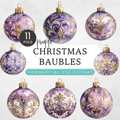 purple christmas baubles with gold trimmings and ornaments on them, all in different