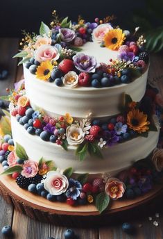 a three tiered cake decorated with flowers and berries