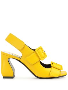 canary yellow lambskin suede square open toe buckle-strap fastening rear touch-strap fastening branded footbed 80mm high block heel leather sole Yellow Heels, Block Heel Shoes, Canary Yellow, Iconic Bags, Blue Sandals, Suede Sandals, Sergio Rossi, Flat Boots, Brown Sandals