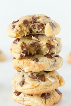 chocolate chip cookies stacked on top of each other