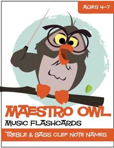 an owl is sitting on a tree branch with a wand in its hand and the words, waestro owl music flashcards table & bass clef note names