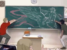 two people are drawing on a chalkboard in front of a class room full of students