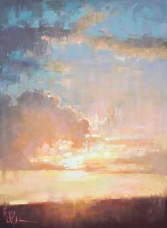 an oil painting of the sun setting over a field with clouds in the sky above