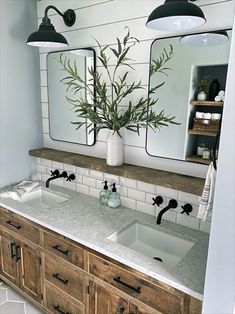 a bathroom vanity with two sinks and a large mirror above it, along with a potted plant on the counter