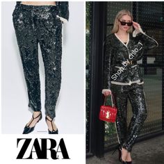 Sequin Pants Zw Collection Zara Woman Collection Pants With A Mid Waist In Contrasting Frayed Fabric . Side Pockets And Back Welt Pockets . Sequin Appliqu . Front Zip, Button, And Metal Hook Closure . Color: Green Measurements Xs Waist: 15in Flat Rise:11.5in Flat Length:38in Fat Measurements Small Waist: 16in Flat Rise:11.5in Flat Length:38in Fat Measurements Medium Waist:16.5 Flat Rise:11.5in Flat Length:38in Fat Measurements Xl Waist: 19in Flat Rise:12.5in Flat Length:38in Fat 100%Viscose New Workwear Trousers For Party Season, Chic Workwear Pants For Party Season, Sequin Pants For Workwear In Fall, Sequined Pants For Work In Fall, Luxury Bottoms For Night Out In Spring, Luxury Spring Bottoms For Night Out, Elegant Zara Bottoms For Party Season, Elegant Zara Trouser Sets, Elegant Zara Trousers Set