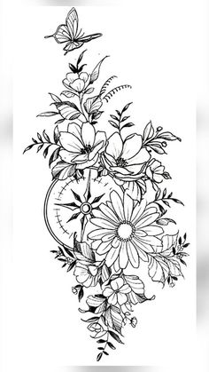 a black and white drawing of flowers