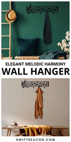 a green wall with the words elegant, medic harmony wall hanger on it