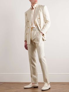 TOM FORD Cooper Straight-Leg Silk, Wool and Mohair-Blend Suit Trousers | MR PORTER Groom Suit Civil Wedding, Man Summer Suit, Classy Groom Suit, Garden Party Suit, Italian Wedding Suit, Spring Groomsmen Attire, Silk Suit Men, Men Semi Formal, White Silk Suit