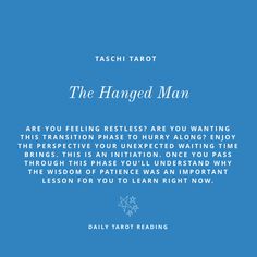 the hanged man by taschi tarot is shown in blue with white lettering