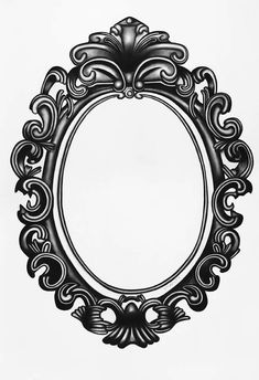 a black and white drawing of an ornate oval frame with scroll work on the edges