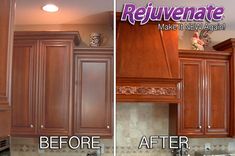 before and after pictures of kitchen cabinets with rejuvenate stickers on them