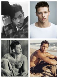 four different pictures of men with tattoos on their chests, one in white shirt and the other in black and white