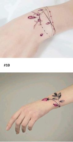 two different tattoos on the arm and wrist, one with pink flowers in blooming petals