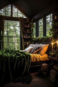 Dark cottagecore bedroom with black walls, green ceiling, witchy academia, colorized romance, and cabin core elements. Enigmatic and mystical ambiance. Witchy Academia, Prefab Cabins, Dark Cottagecore, Cottage Core, Blankets, Cottage, Romance, Candles, Bedroom