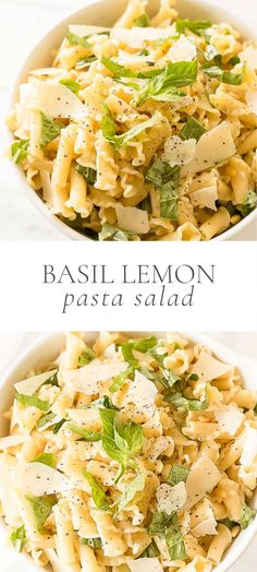 two bowls filled with pasta and cheese on top of each other, one has basil leaves