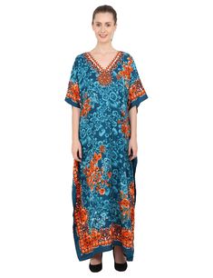 PRICES MAY VARY. SIZES INFO – our X-Large fits to sizes from 6-12, 2X-Large fits to size group to 14-18 and 3X-Large fits to sizes 20-24. Kindly contact us for more information HAND STONEWORK AND HAND EMBROIDERED KAFTANS – womens beach cover up dresses available in blue, brown or turquoise and in 3 different Arabian inspired hand embroidered necklines HIGH QUALITY SHEER MATERIAL – made from 100% polyester material, these top-quality long beach kaftans are semi-sheer, ideal for using as a beach S Bohemian V-neck Kaftan For Pool, Vacation Printed Maxi Kaftan, Blue Beachwear Kaftan For Pool, Blue Bohemian Dress For Pool, Bohemian Orange Dresses For Vacation, Bohemian Printed Beach Dress For Pool, Bohemian Kaftan For Pool And Beach Season, Orange Short Sleeve Kaftan For Beach, Resort Multicolor Maxi Kaftan