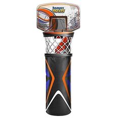 a basketball hoop with an orange and blue design on the front, attached to a black plastic holder