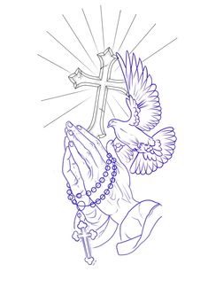 a drawing of a hand holding a rosary and a dove with a cross on it