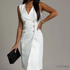 Lasaky - Chic Solid Color Sleeveless Mandarin Collar Double-Breasted Bodycon Dress Spring Sleeveless Office Bodycon Dress, Spring Sleeveless Bodycon Dress For Office, Spring Sleeveless Bodycon Office Dress, Sleeveless Summer Bodycon Office Dress, Sleeveless Bodycon Dress For Office In Summer, Sleeveless Bodycon Dress For Summer Office Wear, Sleeveless Buttoned Midi Office Dress, Sheath Sleeveless Dress For Office In Summer, Summer Office Sheath Sleeveless Dress