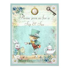 a greeting card with an image of a teapot and rabbit on the side, which reads please join us for a sip and see