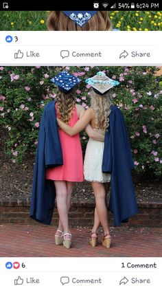 two girls in graduation caps and gowns hugging each other