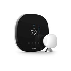 an ecobee connected to thermostaer on a white background