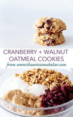 cranberry and walnut oatmeal cookies in a glass bowl