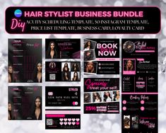 the hair stylist business bundle is shown in pink, black and silver colors