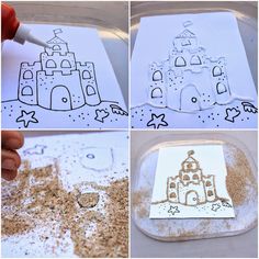 the process for making sand castle is shown in four different stages, including drawing and coloring