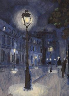 a painting of a person walking down a street at night with a lamp post in the foreground