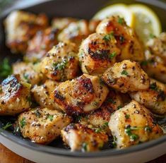 a bowl filled with chicken and garnish next to a lemon wedge on top of a wooden table