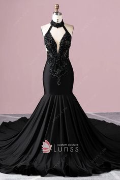 Black Backless Mermaid Evening Dress, Black Backless Mermaid Dress For Evening, Black Halter Neck Evening Dress With Back Opening, Black Mermaid Dress For Prom, Black Backless Mermaid Prom Dress, Backless Black Mermaid Prom Dress, Black Backless Mermaid Dress For Prom, Backless Black Mermaid Dress For Prom, Black Gown With Back Opening For Wedding