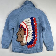 Vintage Hand Knit Wool Cowichan Siwash Jacket Native American Chief (Rare, hard to find design) Approx Sz: Large (No tag, please see measurements) Condition: Overall excellent pre-owned condition. Zips up and down perfectly. Very thick, heavy weight knit. Smoke free home. Pet friendly home. Rare find at this size. Approx Measurements Pit to Pit 19"  Collar to Bottom 28"  Pit to end of Sleeve 17" Fitted Wool Sweater With Shawl Collar, Fitted Wool Outerwear With Jacquard Knit, Fitted Wool Jacquard Knit Outerwear, Fitted Knit Crew Neck Outerwear, Fitted Jacquard Knit Outerwear, Wool Jacquard Knit Outerwear With Shawl Collar, Retro Knitted Wool Outerwear, Retro Wool Knitted Outerwear, Casual Wool Hand Knitted Outerwear