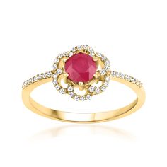 Ross-Simons - .50ct Ruby Flower Ring, .12ct t. w. Diamonds in 14kt Yellow Gold. Size 9. Fresh gemstones are always in season! Our fanciful floral ring presents a .50 carat round ruby that shines from inside .12 ct. t. w. round brilliant-cut diamond petals, with sparkle that continues along the slender 14kt yellow gold shank. 3/8" wide. Diamond and ruby flower ring. Ruby birthstones are the perfect gift for July birthdays. Ruby Flower, Ruby Birthstone, Ring Ruby, July Birthday, Floral Ring, Ruby Ring, Flower Ring, Round Brilliant Cut Diamond, Round Brilliant