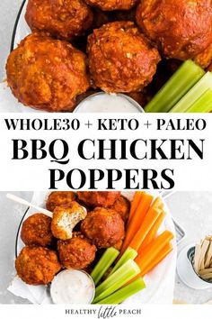 two photos with the words whole 30 and keto paleo bbq chicken poppers