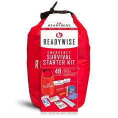 the readywise emergency survival starter kit is packed in a red bag with its contents